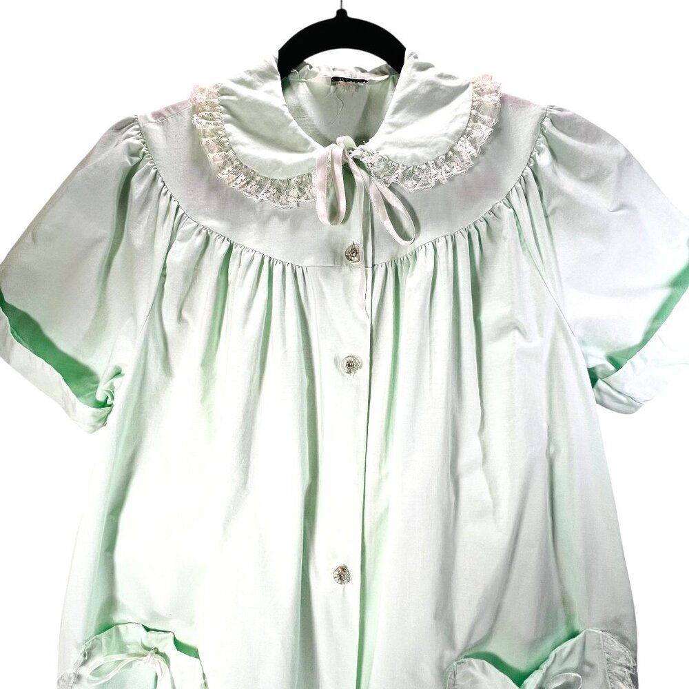 Vtg Lisanne Mint Green Button Down Housecoat Robe Lace Collar Pockets Cotton SS - Picture 2 of 16